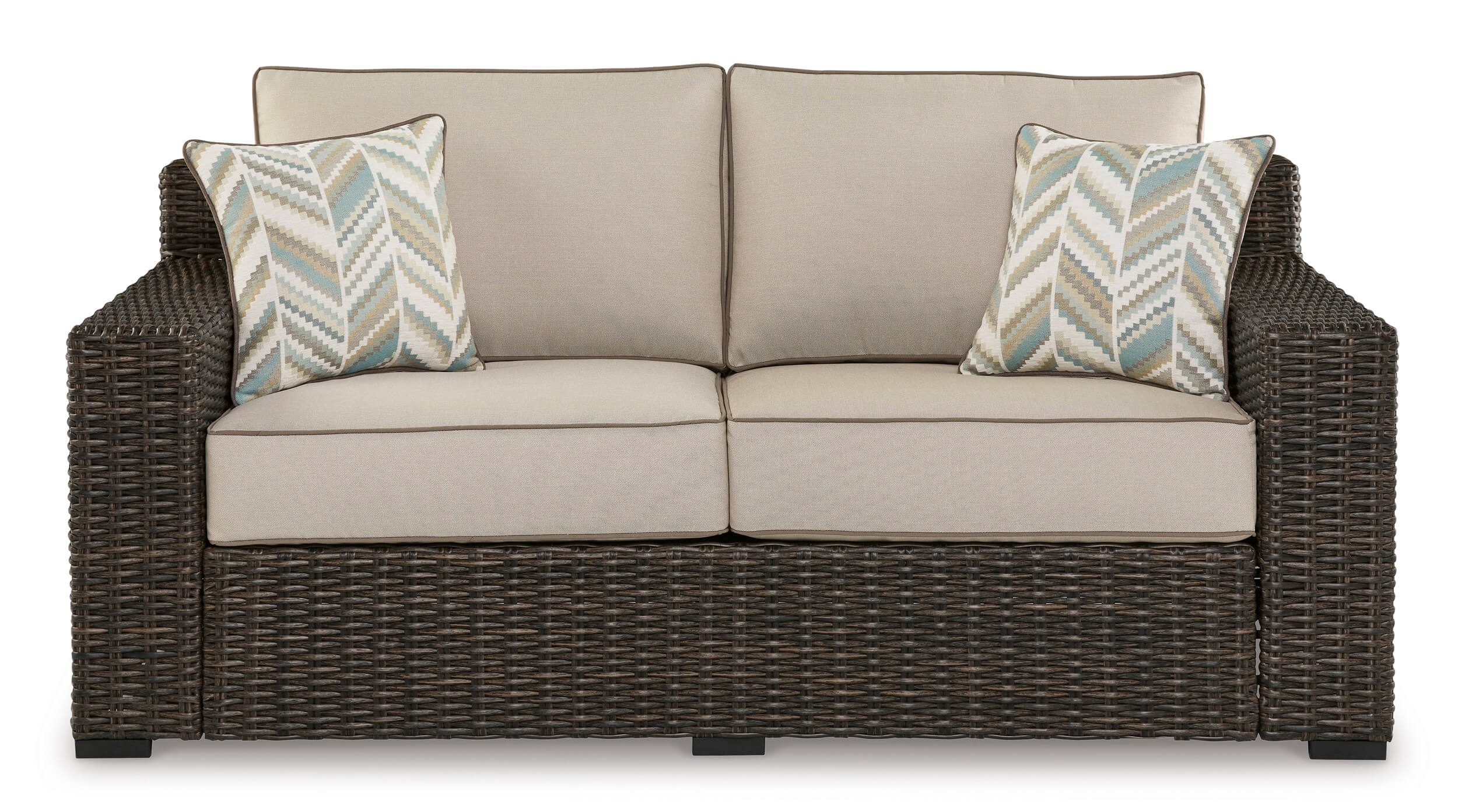 Ashley Coastline-Outdoor-Loveseat-with-Beige-Cushions