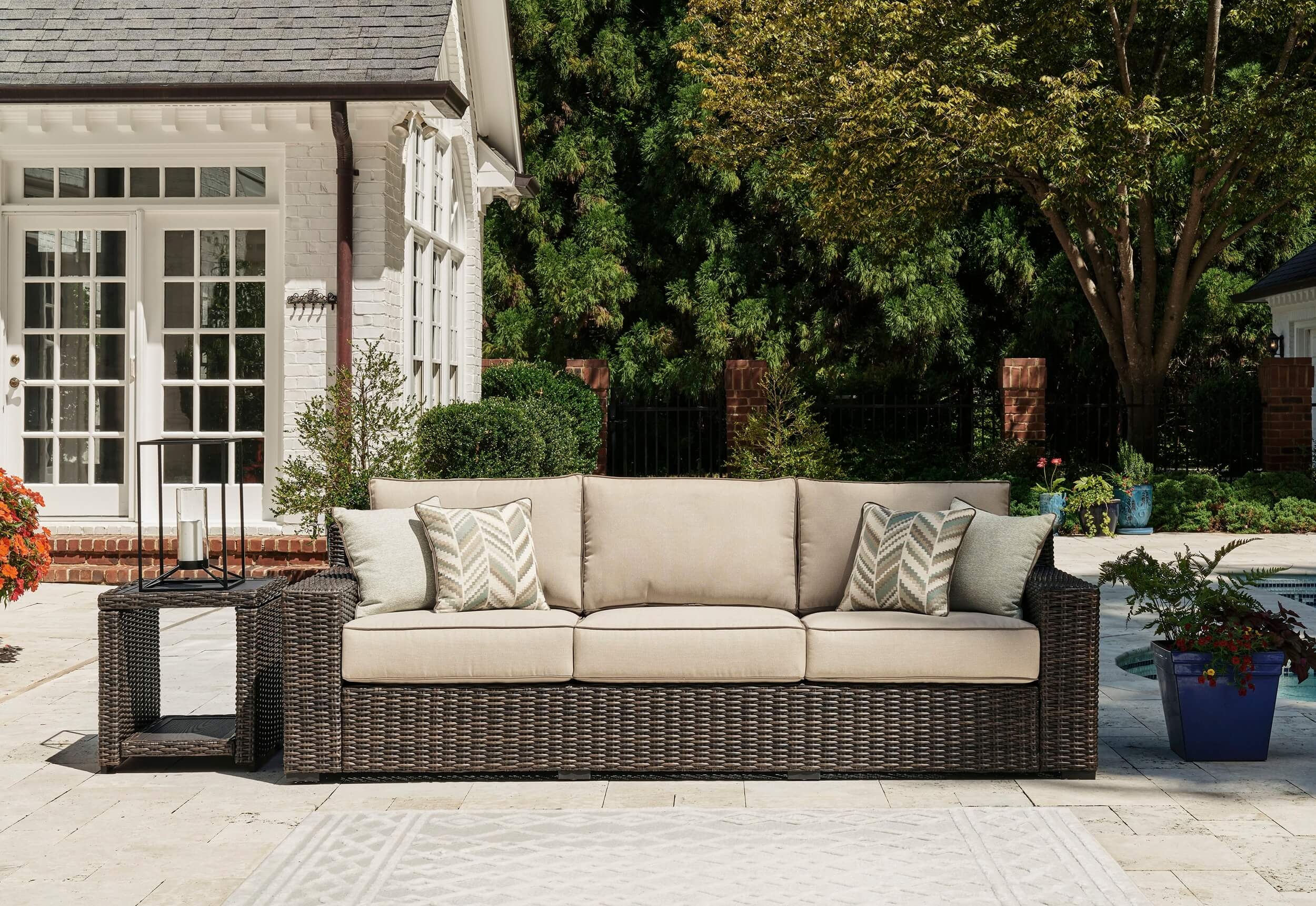 Coastline Bay Outdoor Nuvella Fabric/Resin Wicker Sofa w/4 Pillows