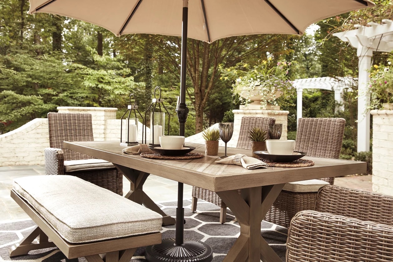 Beachcroft Outdoor Porcelain Top Dining Table with Umbrella Option