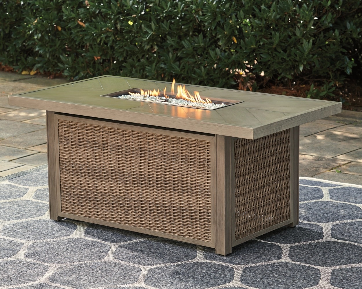 Beachcroft Outdoor Resin Wicker Rectangular Fire Pit Table