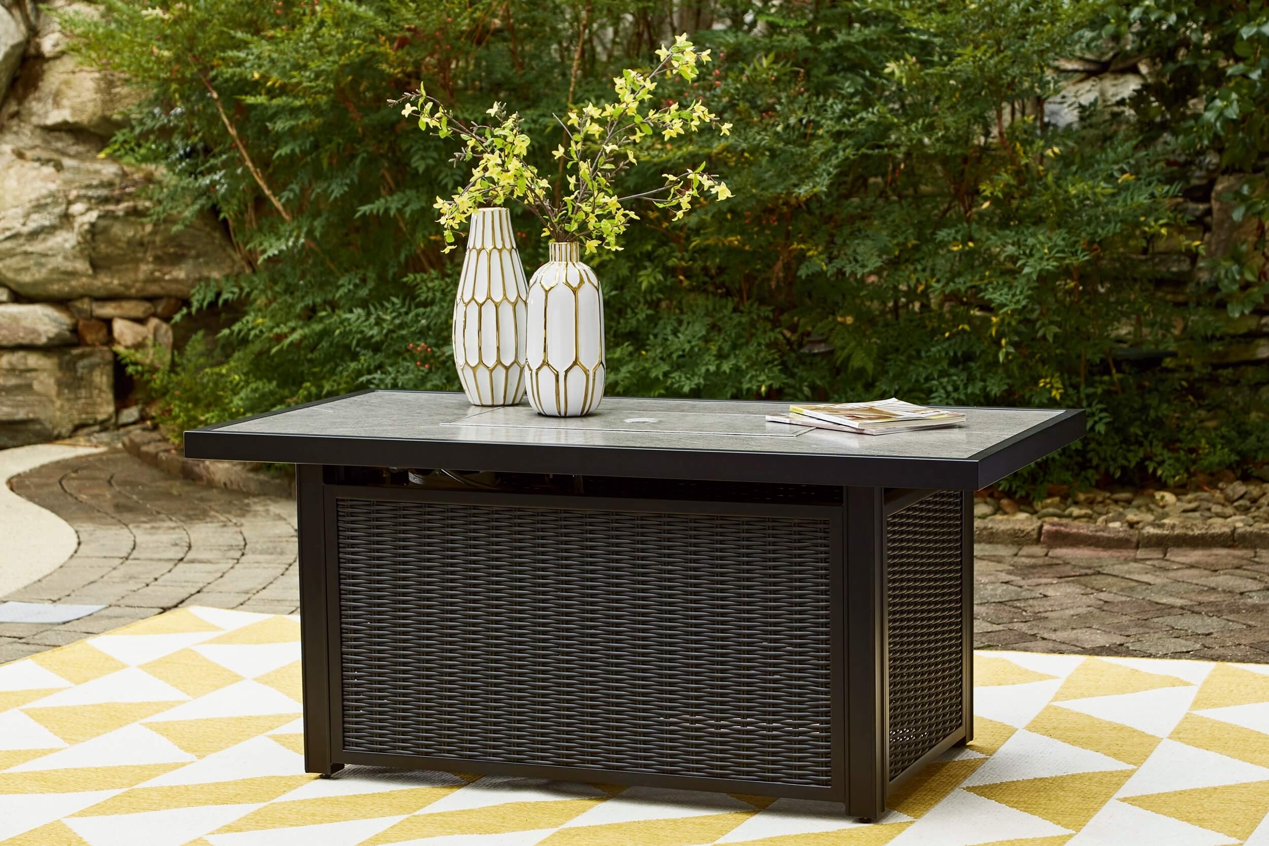 Beachcroft Outdoor Resin Wicker Rectangular Fire Pit Table