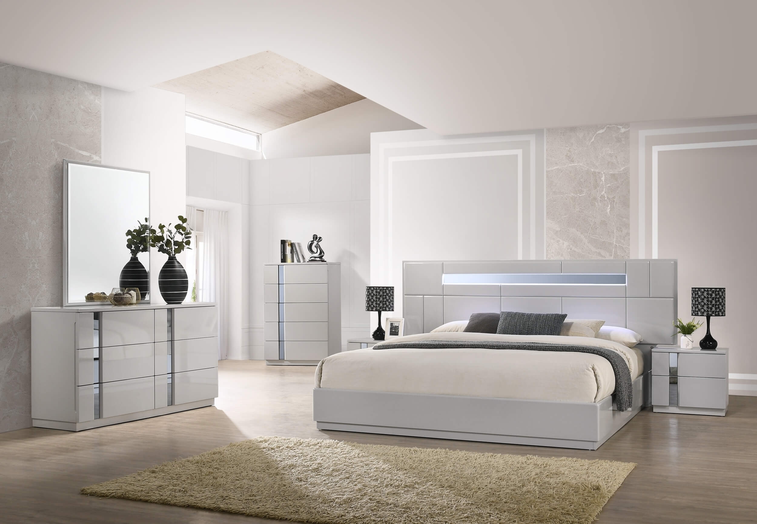 J&M Furniture Palermo Grey Bedroom Set 6 Piece Including Chest, Dresser, Mirror and 2 nightstand King