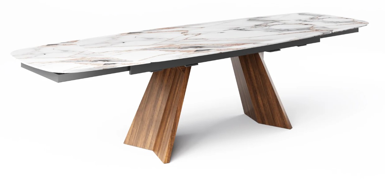 Icaro W78.8"-116.6" Rectangular Ceramic/Wood Veneer Extendable Dining Table w/Rounded Corners