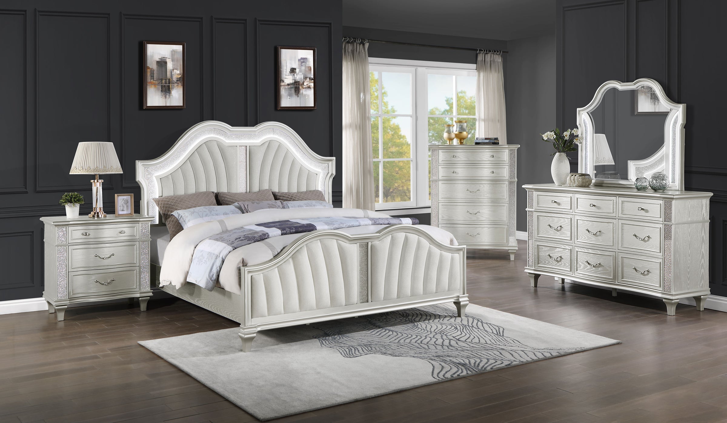 Paris King Size Bed with Velvet Upholstered Footboard & Headboard, LED Lighting