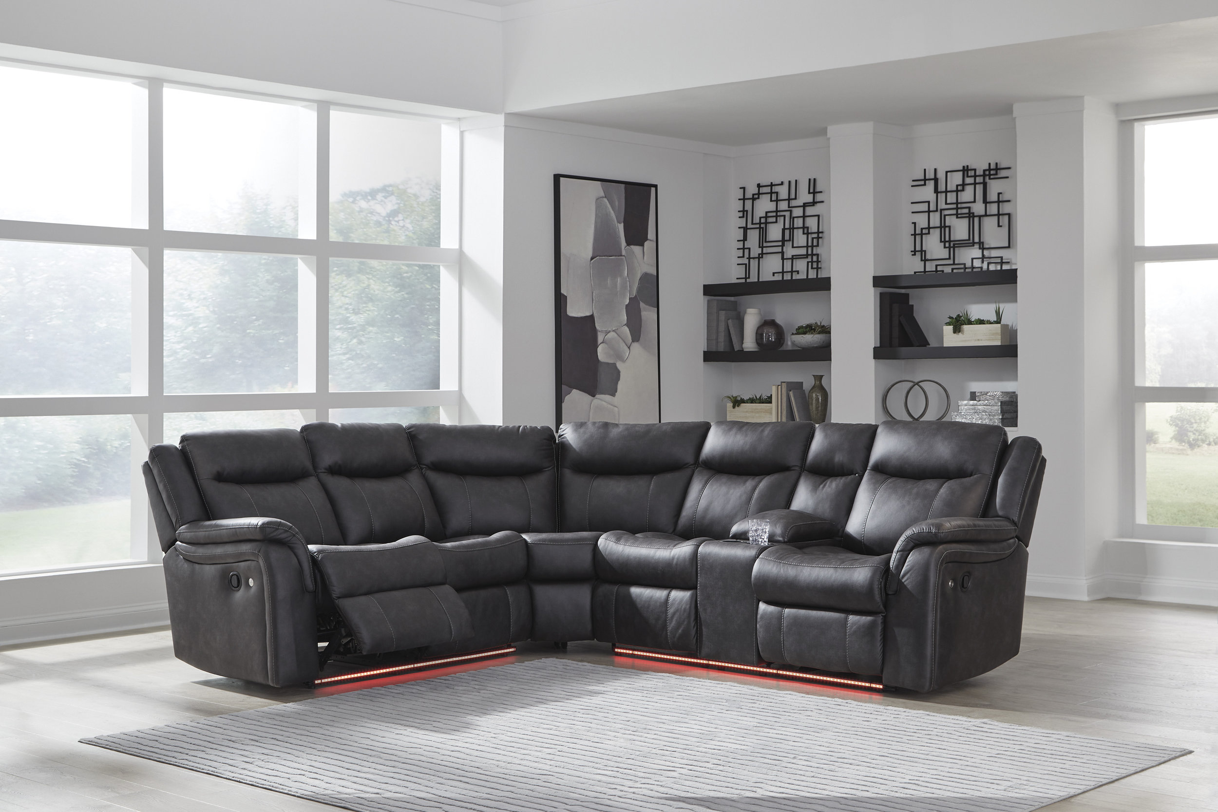 Lexicon Fargo - 3-Piece Faux Leather Reclining Sectional, Dark Gray