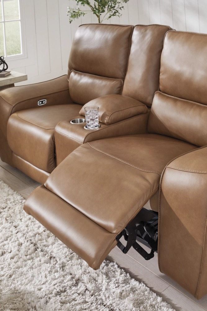 DeepWakes Leather/PVC Power Reclining Loveseat w/Console & Adjustable Headrests