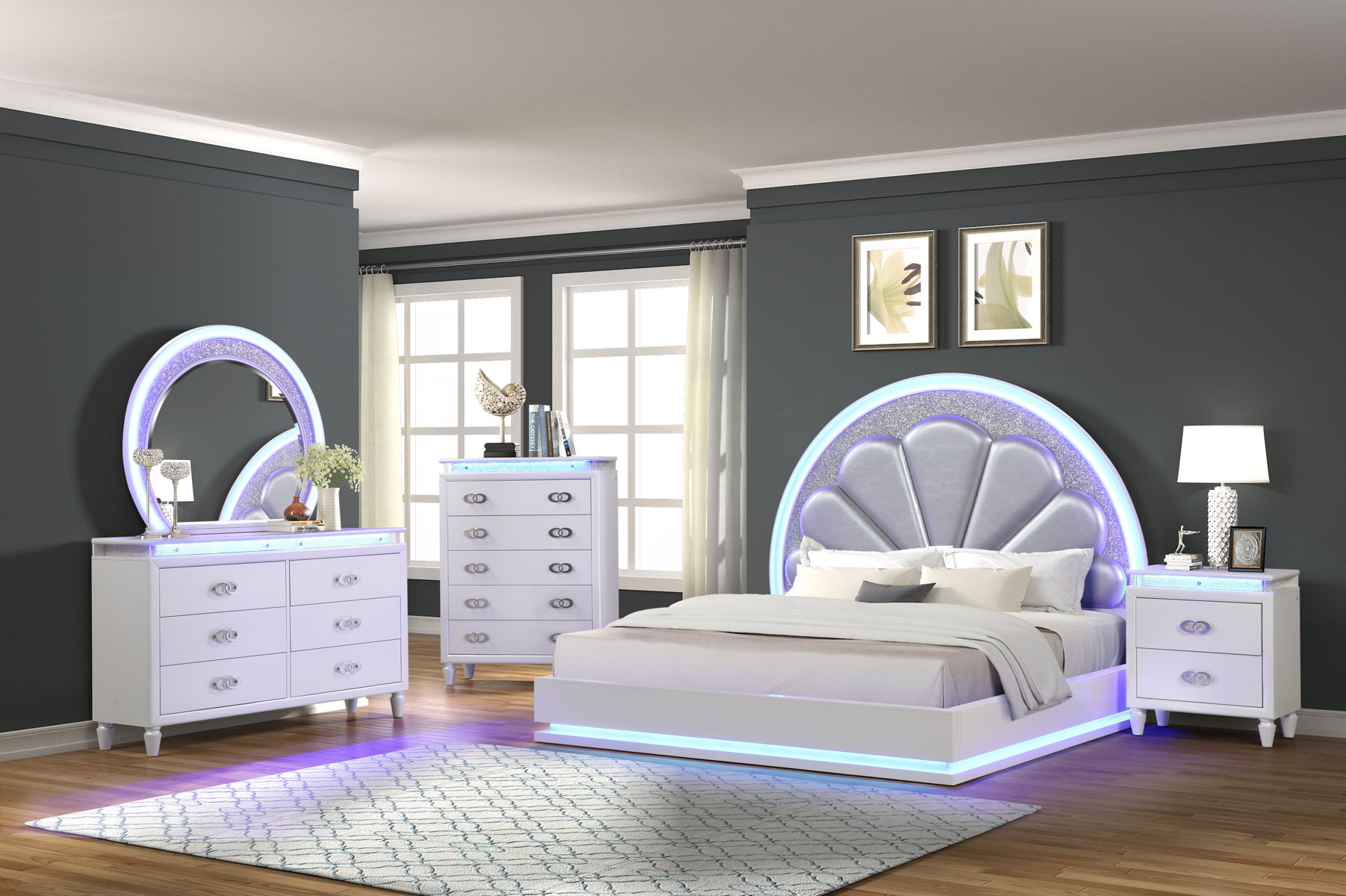 Perla King Size Bed with Leatherette Upholstered Headboard & LED Lighting