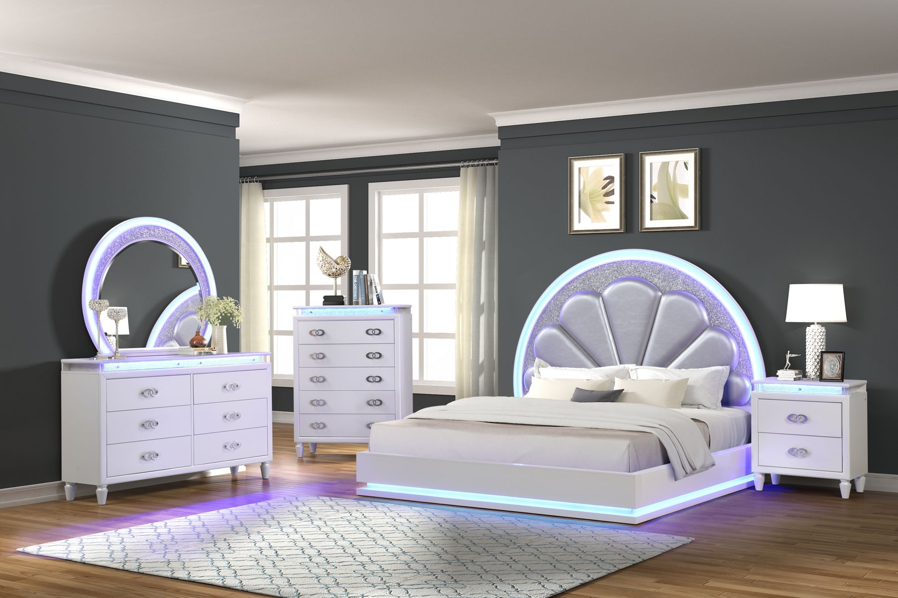 Perla Bed with Leatherette Upholstered Headboard & LED Lighting