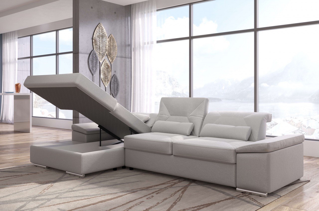 Alpine X Fabric L-Shaped Sectional Sofa with Sleeper & Storage, Left Facing Chaise