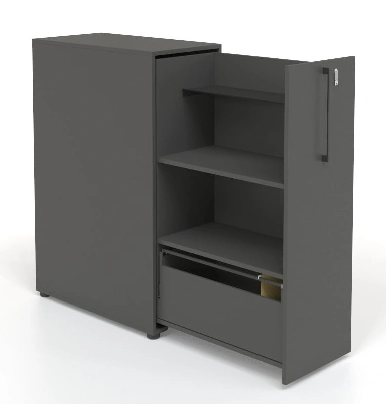 Boxi Office Lockable Storage Tower w/2 Shelves, 1 Metal Shelf & File Drawer, Right Hand