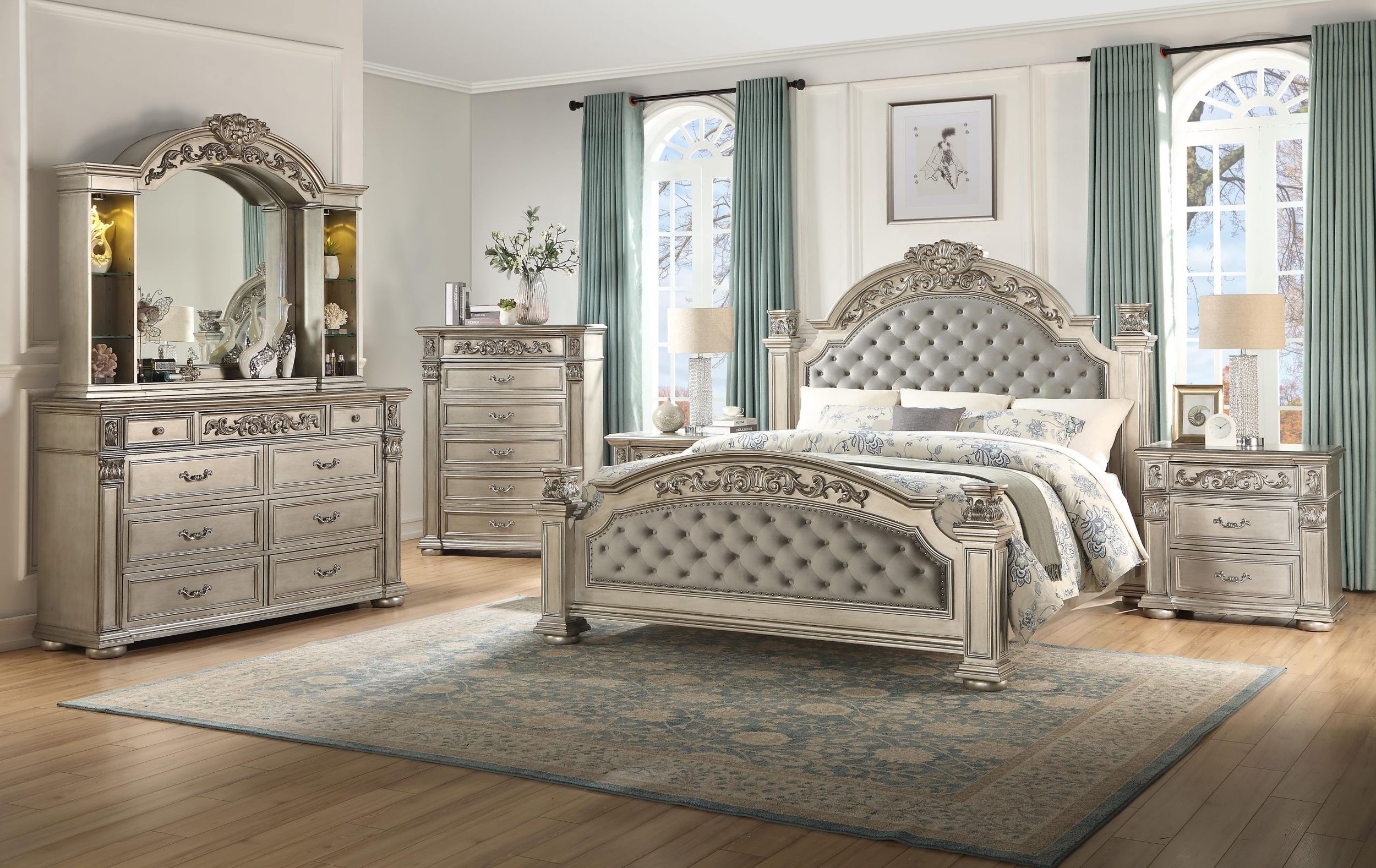 Platinum Bedroom Set with Faux Leather Upholstered Headboard & Footboard