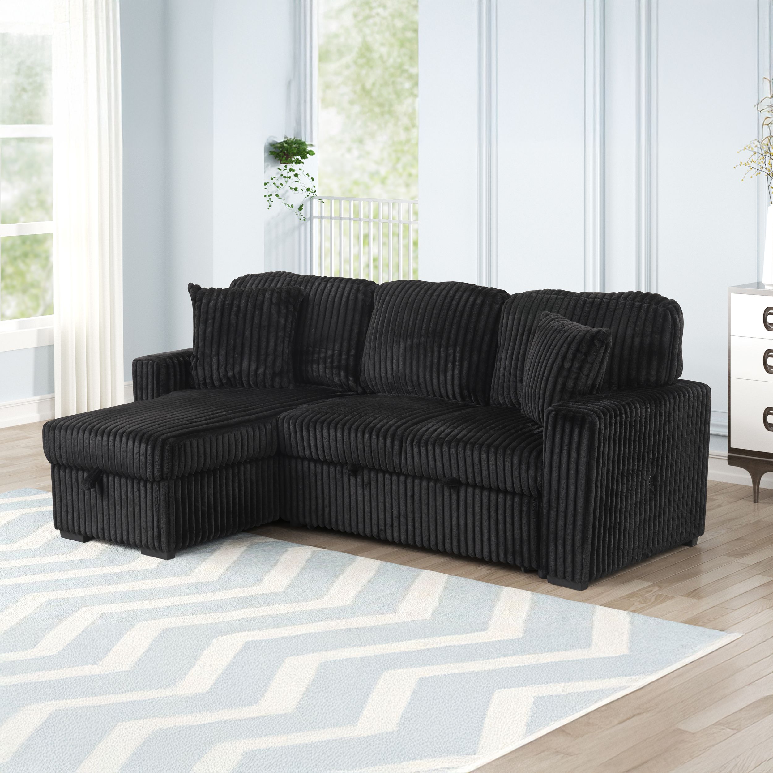 【極美品】JNHearts Velvet library Black Galaxy Home Plush Black Sectional Sofa with Chaise
