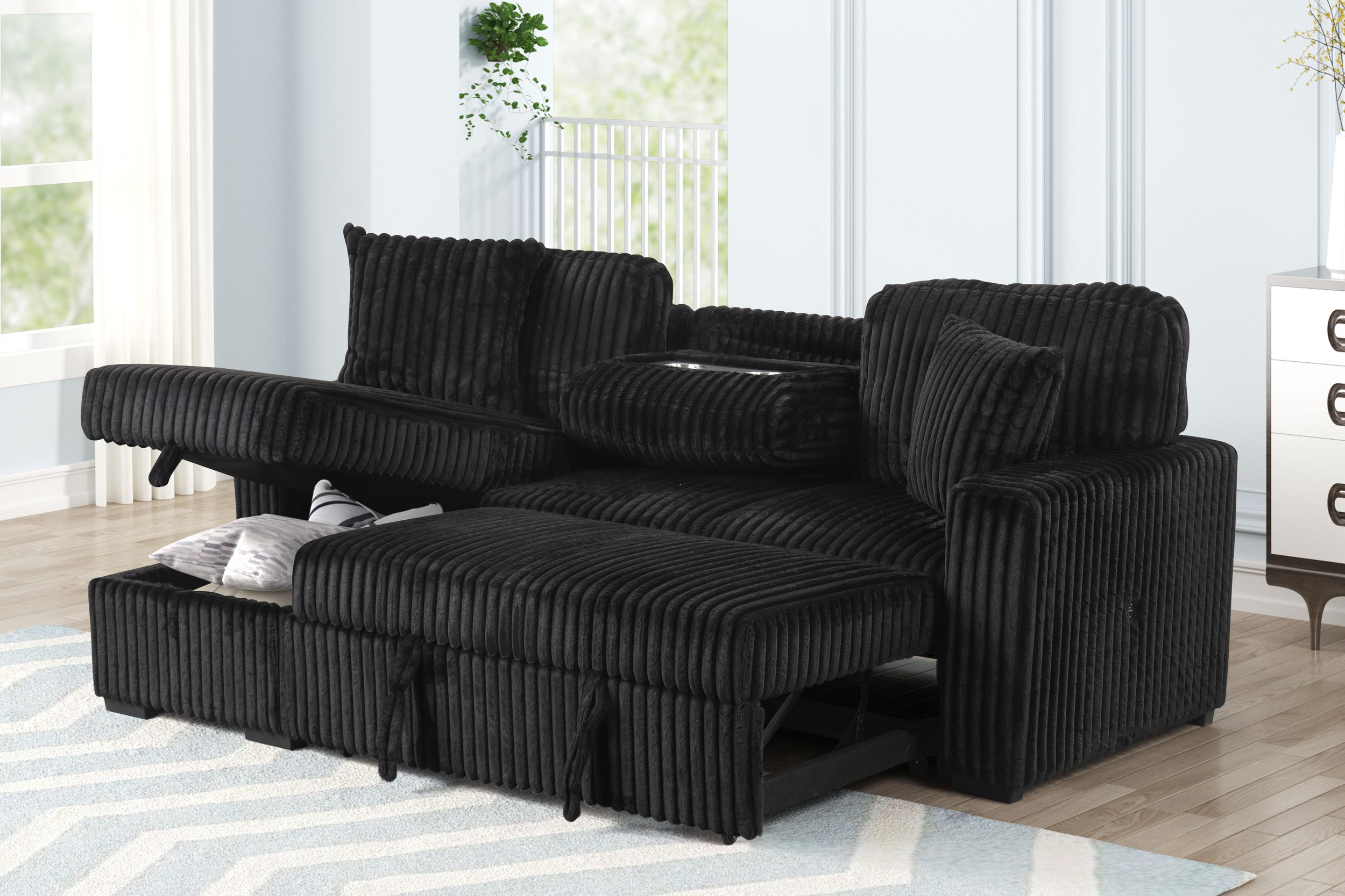 Plush Velvet L-Shaped Sectional Storage Sofa w/USB