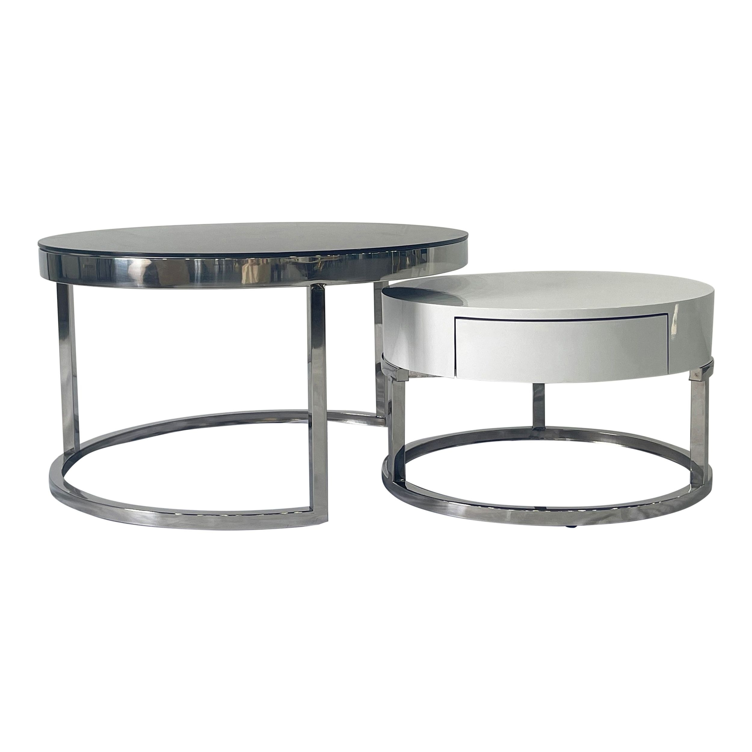 Timeless Glass Top Storage Nesting Coffee Table with Acrylic Legs & Stainless Steel Base