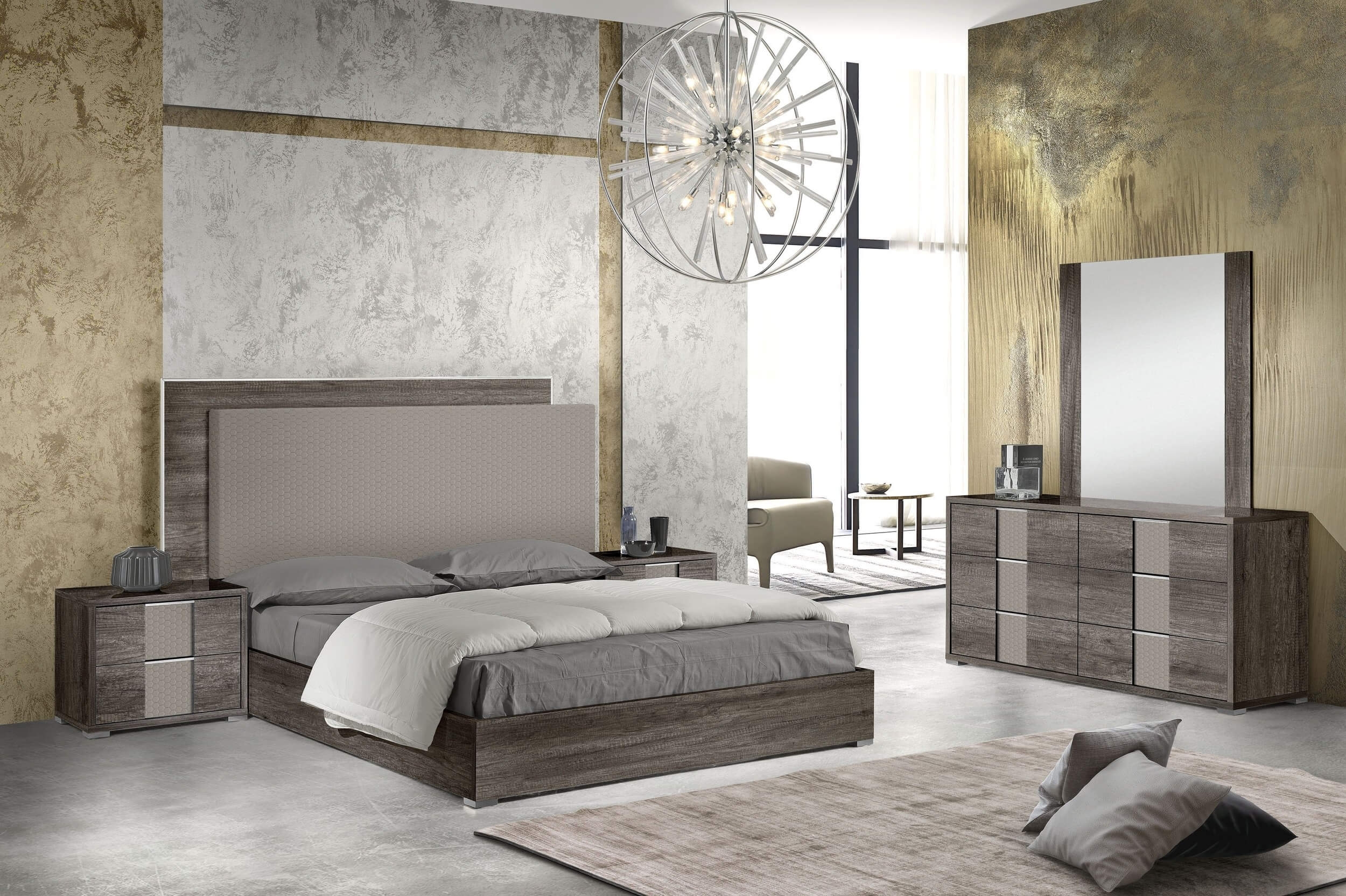 Portofino Premium Wood Veneer Bed with Velvet Headboard