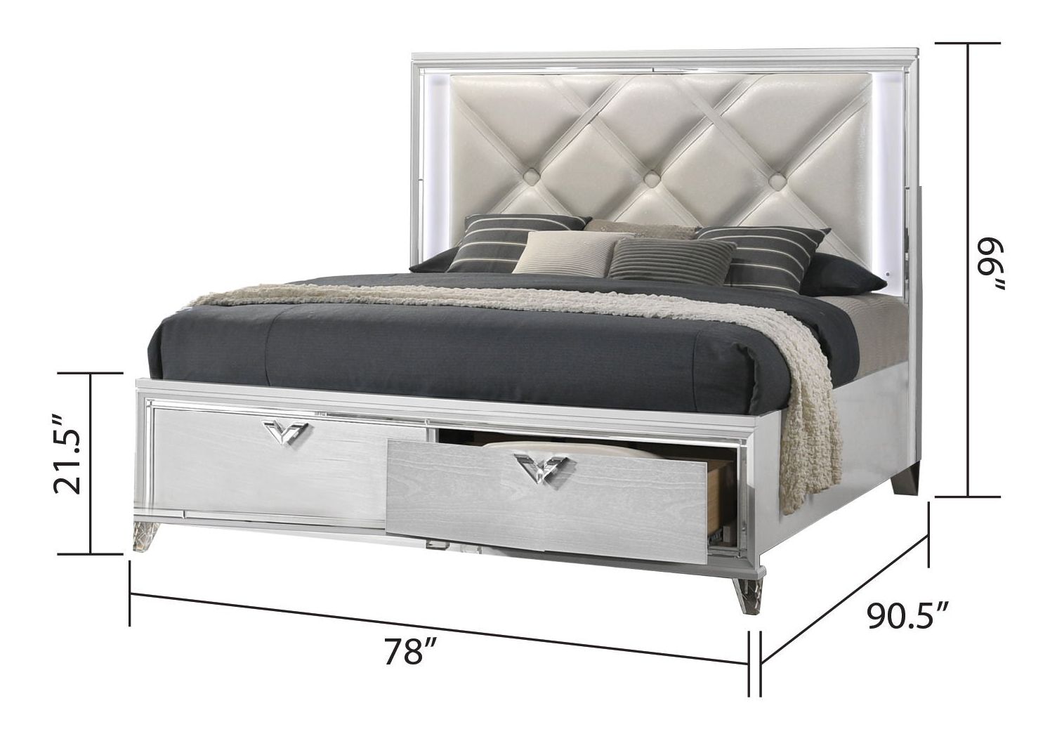 Prism King Size Bed with Leatherette Upholstered Headboard, Storage Drawers & LED Lighting