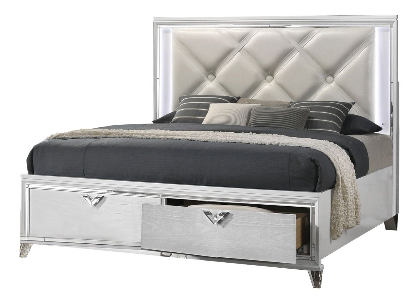 Prism King Size Bed with Leatherette Upholstered Headboard, Storage Drawers & LED Lighting