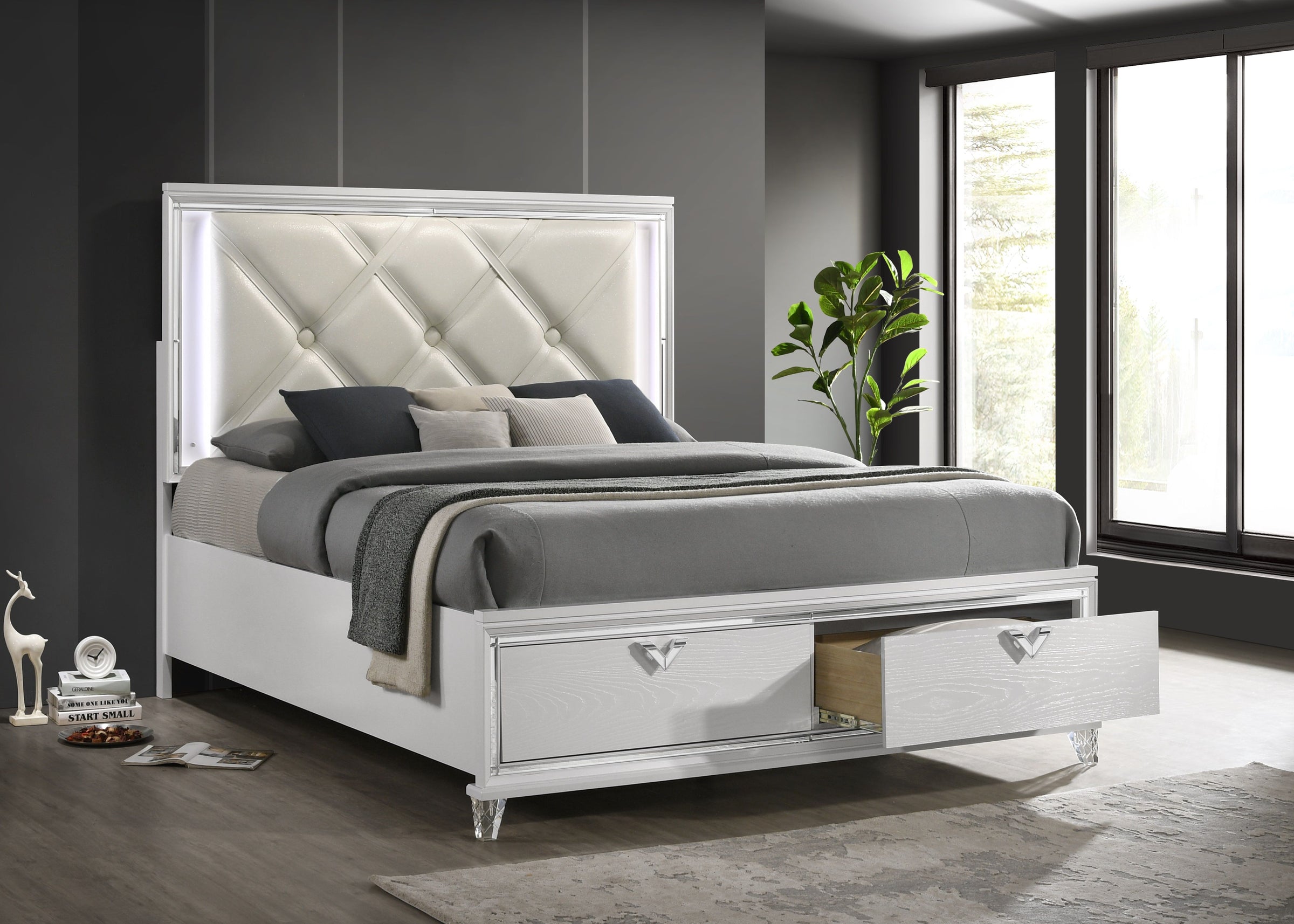 Prism Queen Size Bed with Leatherette Upholstered Headboard, Storage Drawers & LED Lighting
