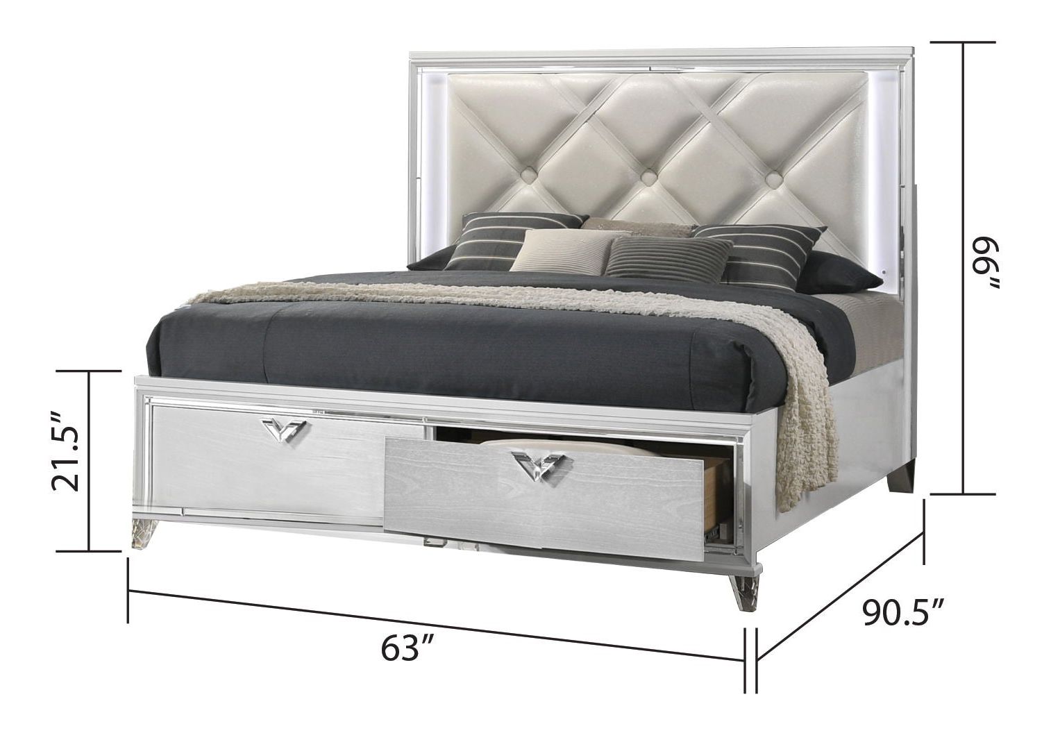 Prism Queen Size Bed with Leatherette Upholstered Headboard, Storage Drawers & LED Lighting