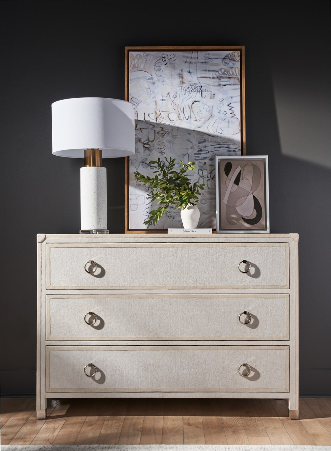 Riven Wood/Fabric/Leather Dresser w/3 Drawers