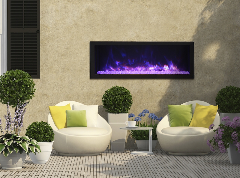 Deep Indoor/Outdoor Electric Built-in Fireplace w/ Black Steel Surround