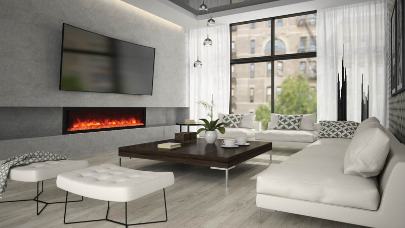 Deep Indoor/Outdoor Electric Built-in Fireplace w/ Black Steel Surround