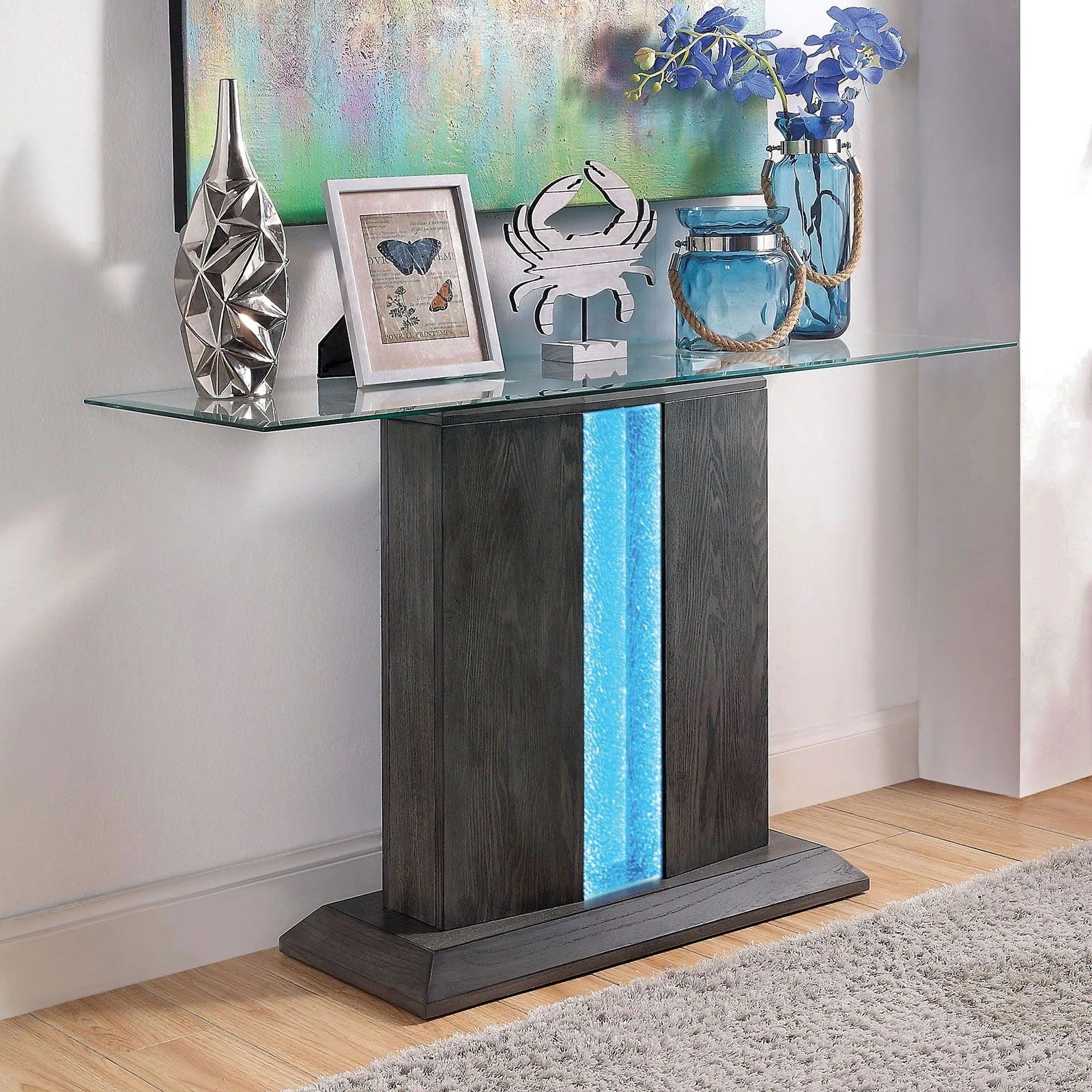 Rhyl Glass/Wood Sofa Table w/LED Light