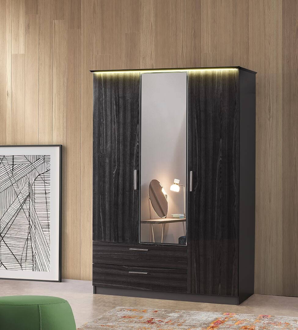 Roma Glossy 3-Door Wardrobe w/Mirror & 2-Drawer Storage