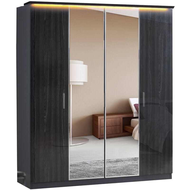 Roma Glossy 4-Door Wardrobe w/Mirror & 2-Drawer Storage