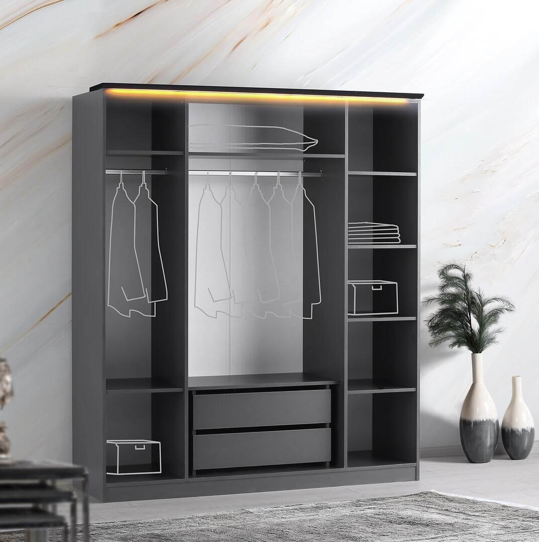 Roma Glossy 4-Door Wardrobe w/Mirror & 2-Drawer Storage