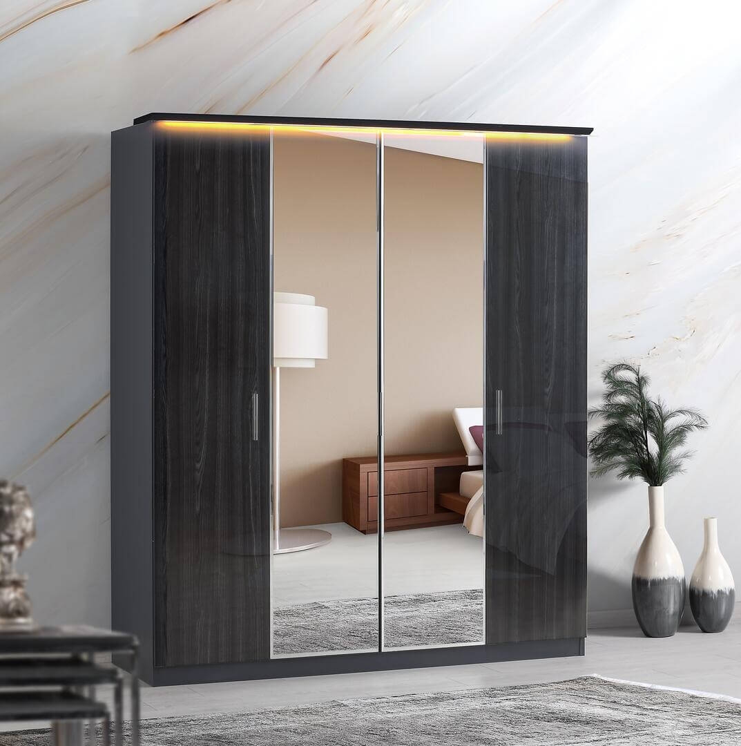 Roma Glossy 4-Door Wardrobe w/Mirror & 2-Drawer Storage