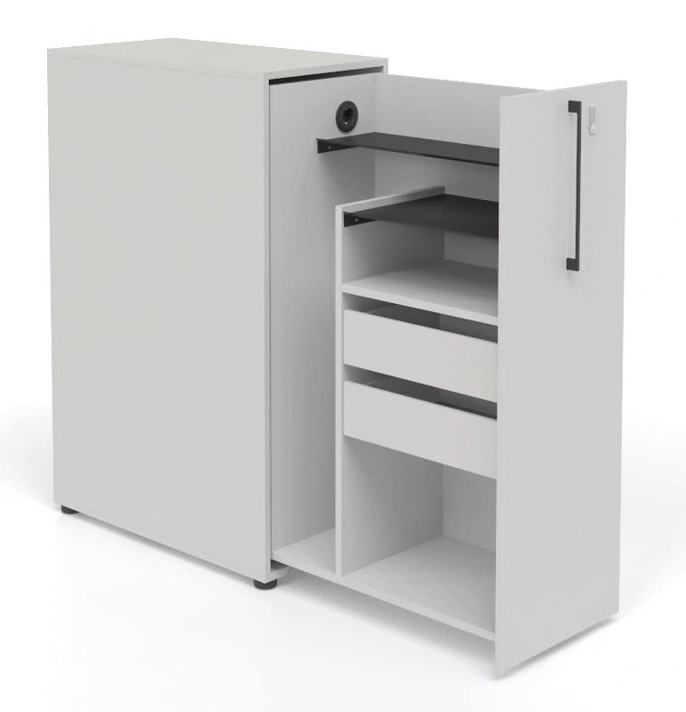 Boxi D32.3" Office Lockable Storage Tower w/1 Shelf, 2 Metal Shelves, 2 Small Drawers & Power Socket, Right Hand