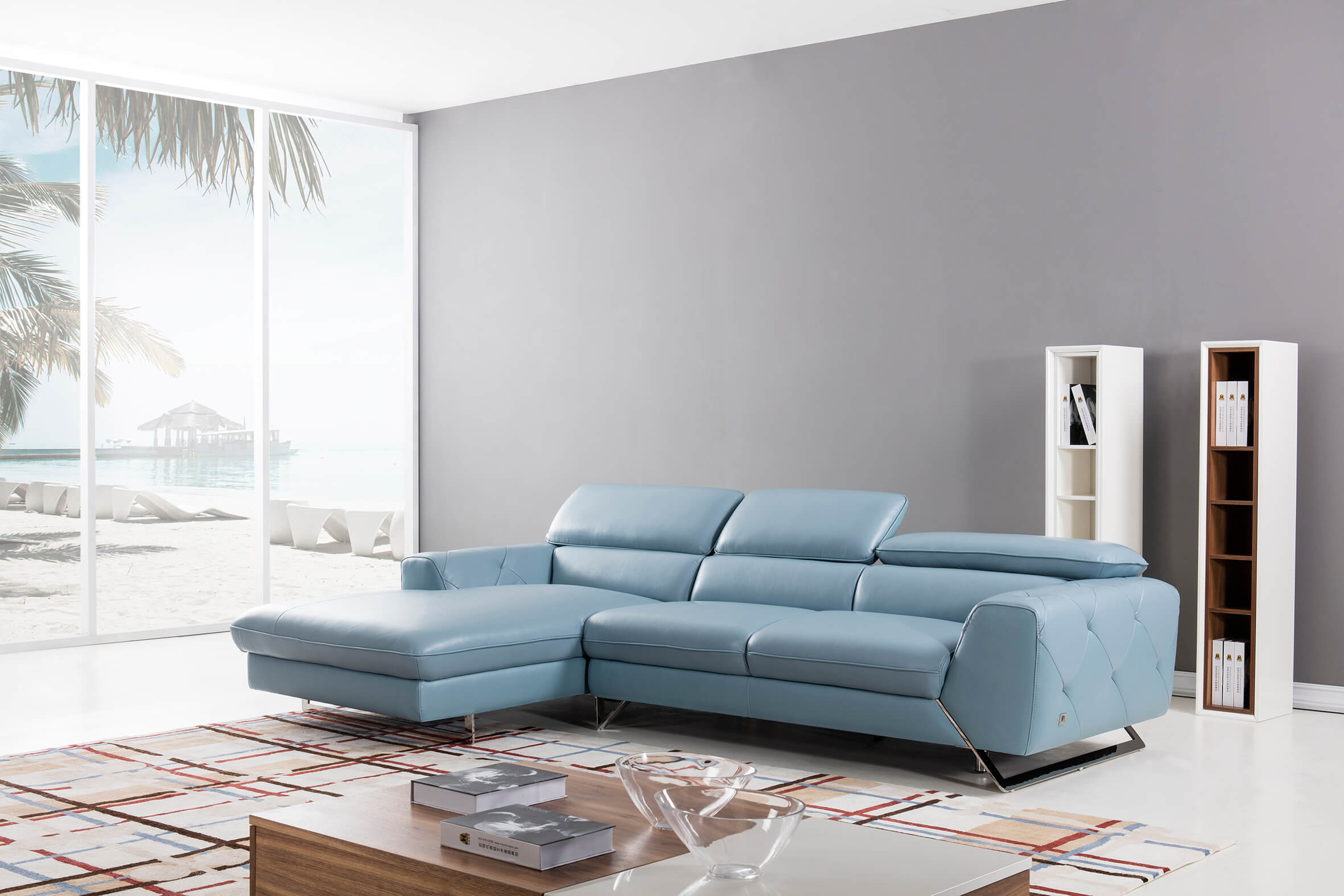 S98 Top Grain Leather Match Sectional Sofa, Left Arm Chaise Facing