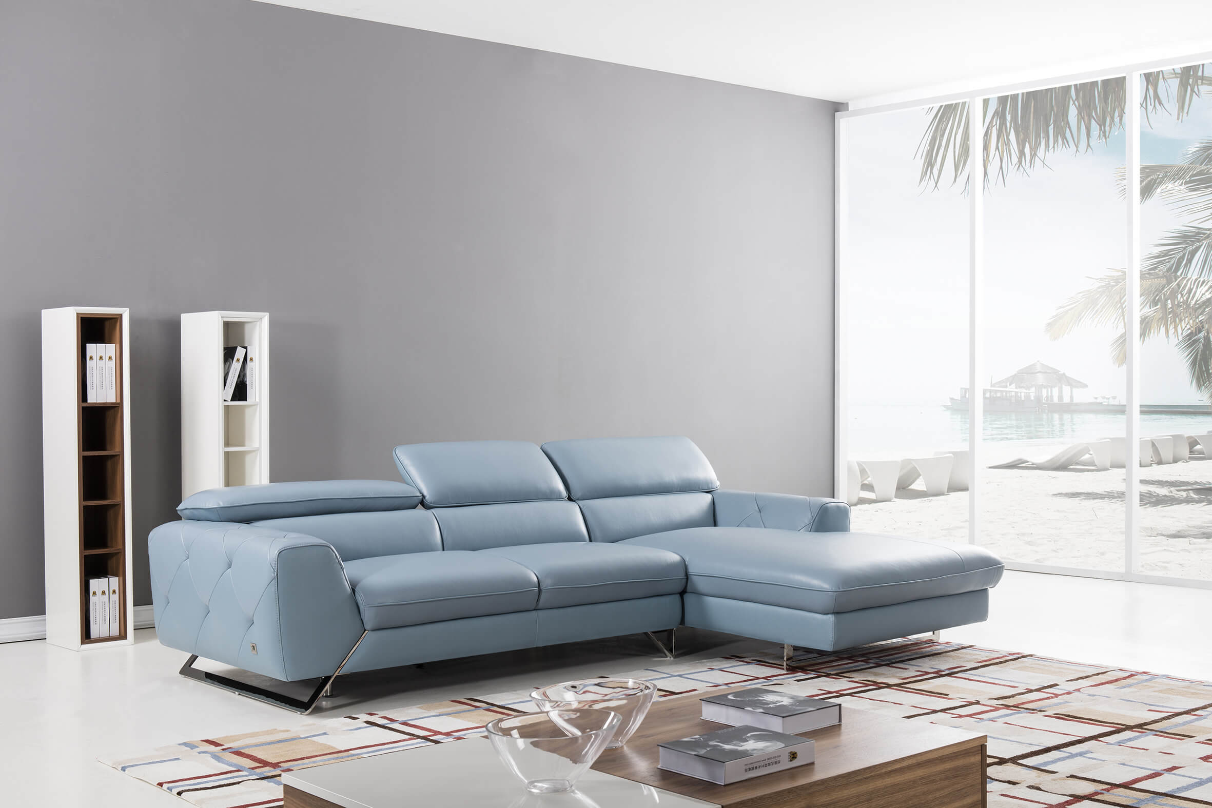 S98 Top Grain Leather Match Sectional Sofa, Right Arm Chaise Facing