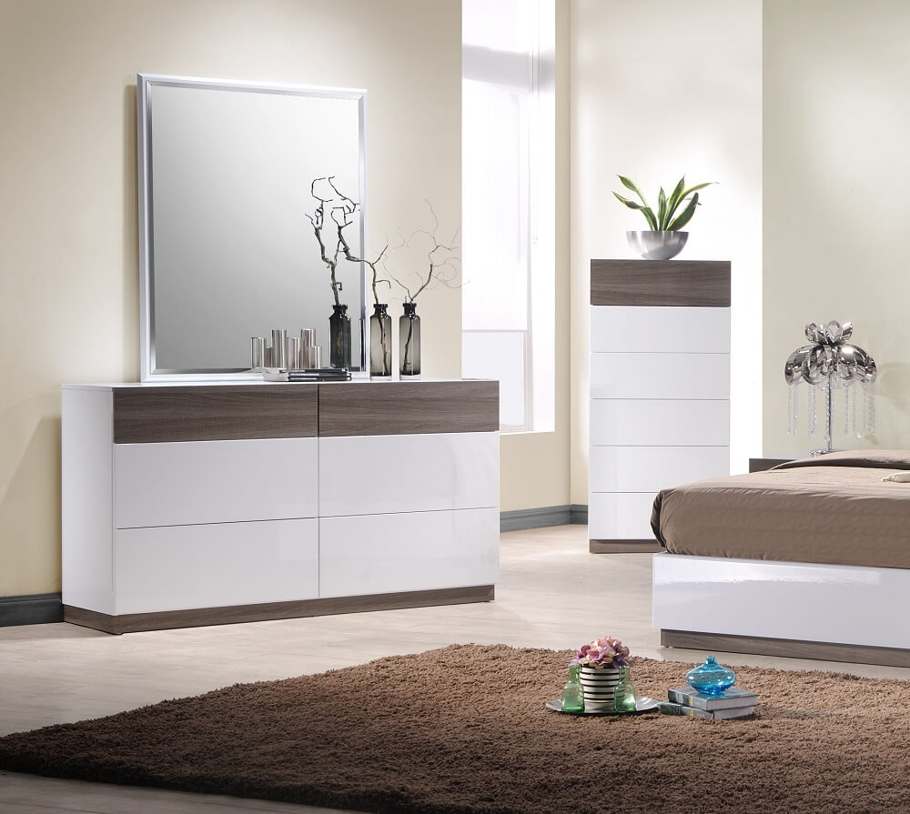 Sanremo Walnut Veneer And White Lacquer Dresser and Mirror
