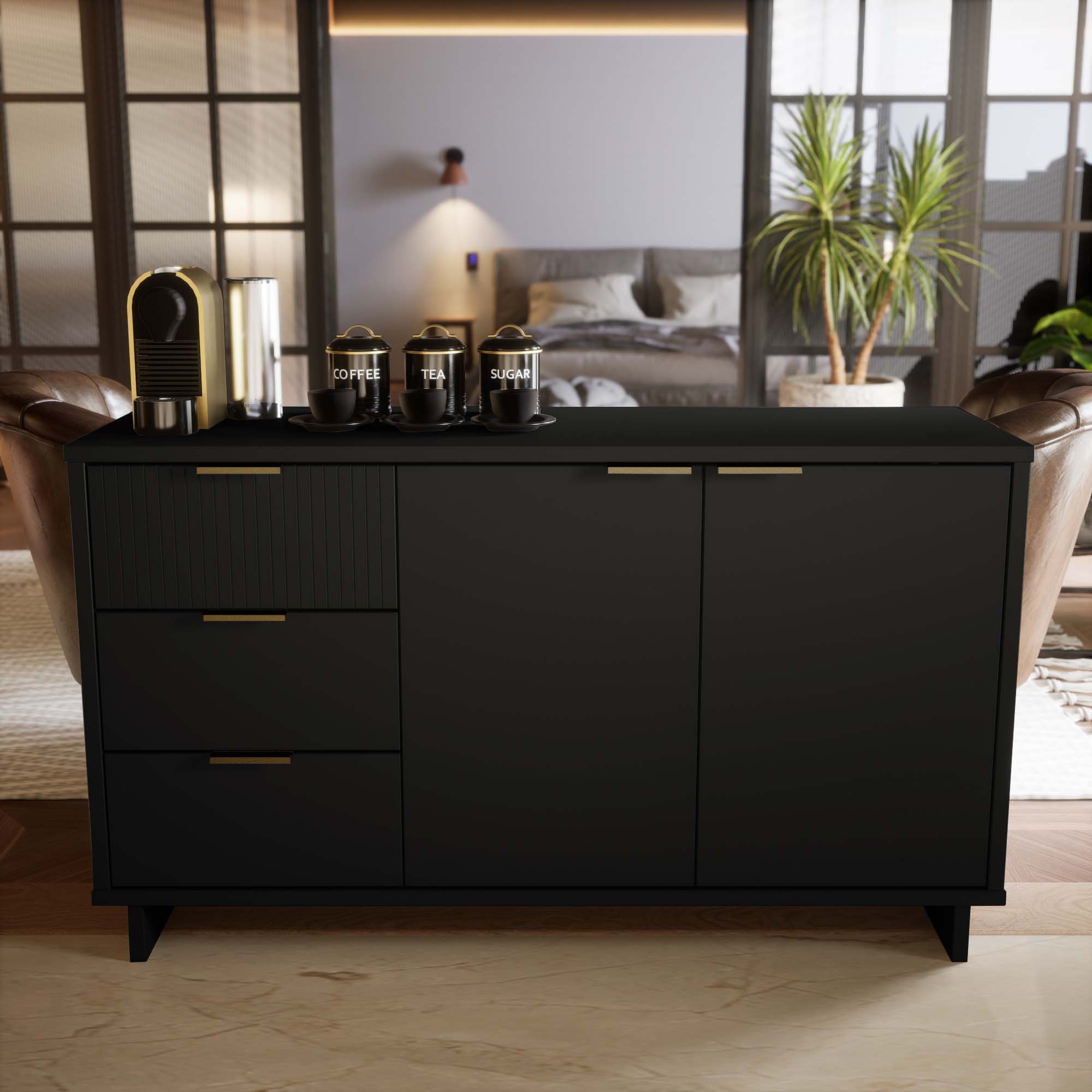Manhattan Comfort Granville 55.07" Sideboard w/3 Drawers, Black