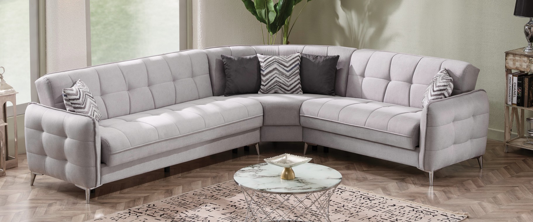 Perla Tufted L-Shaped Sectional Sofa with Storage – Modern Classic Design, Composition 1
