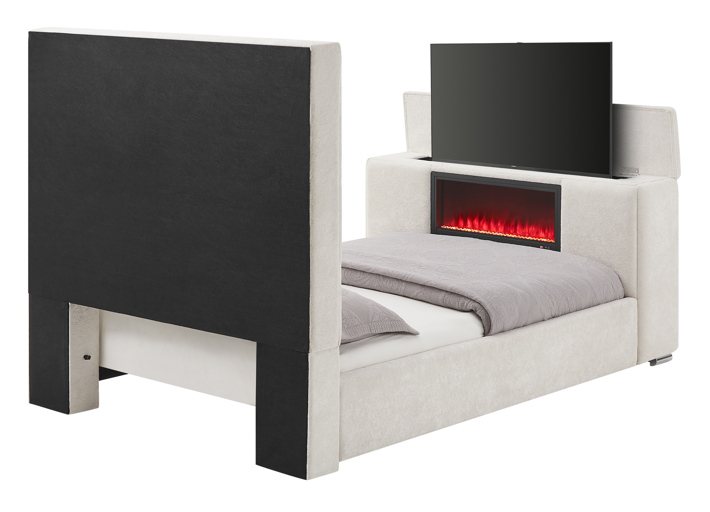 Serenity Queen Size Fabric Bed with Speaker, TV Lift and Fireplace