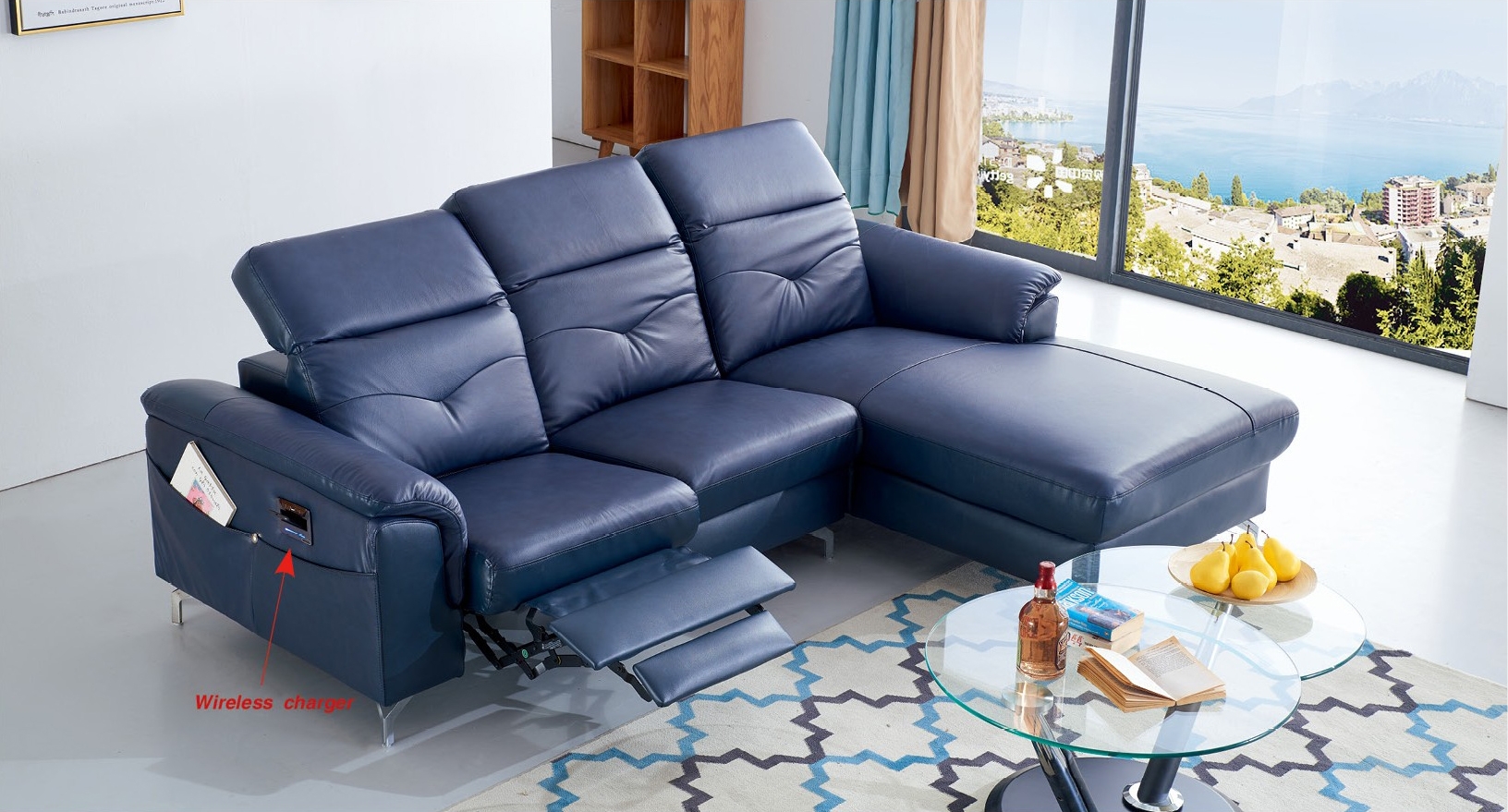 SF 612+ Italian Leather L-Shape Sectional Sofa w/Adjustable Headrest, Full Power Motion Recliner on One Arm Chair & Wireless Charger