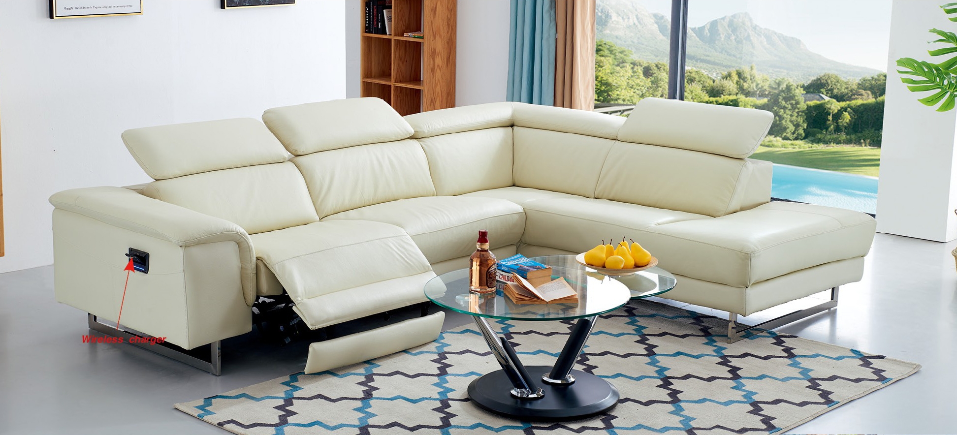 SF 613+ Italian Leather L-Shape Sectional Sofa w/Adjustable Headrest, Full Power Motion Recliner on One Arm Chair & Wireless Charger