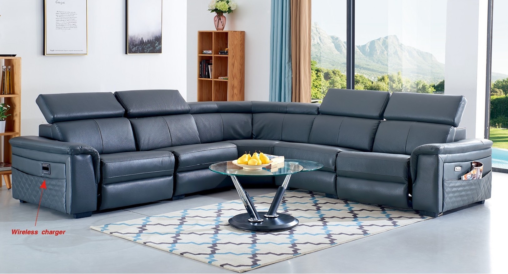 SF 616 Italian Leather Sectional Sofa w/Adjustable Headrest, Full Power Motion Recliner & Optional Wireless Charger