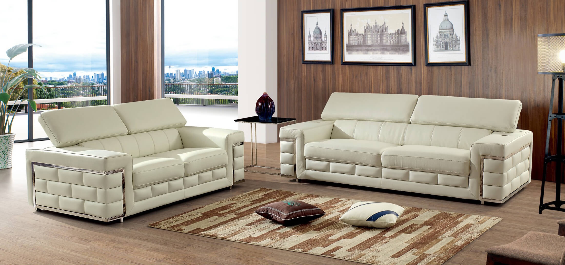 Italian White Leather Sofa, Loveseat Set 