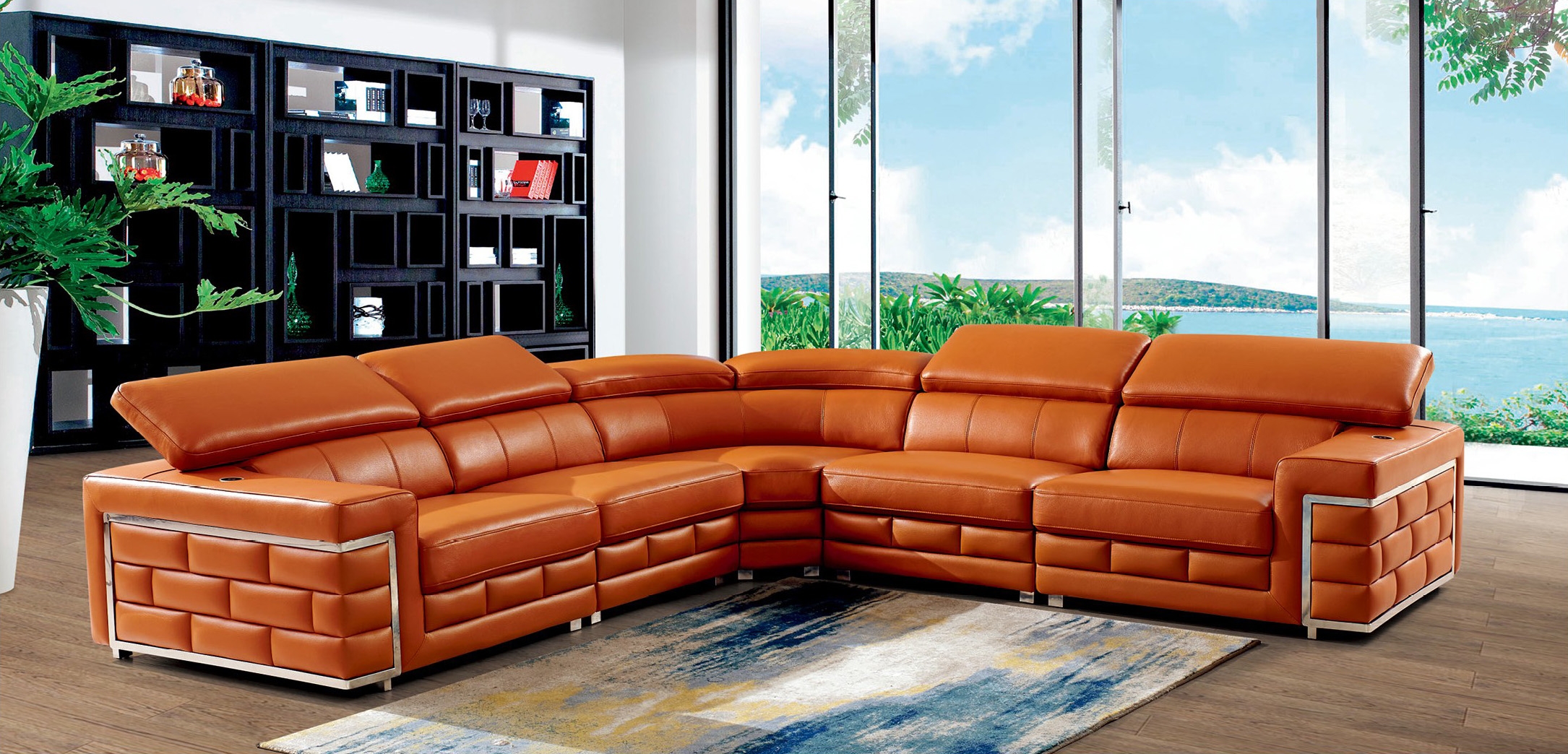 SF 878 Italian Leather Sectional Sofa w/Adjustable Headrest