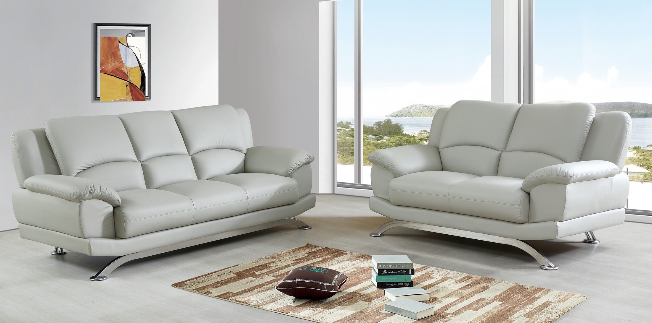 Italian Gray Leather Sofa, Loveseat