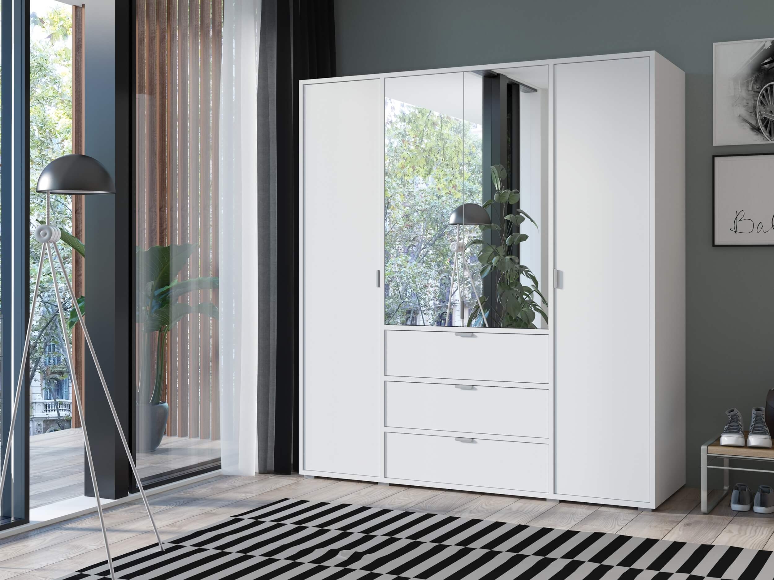 Shaker Glass 4-Door Wardrobe w/3-Drawer Storage & Mirror