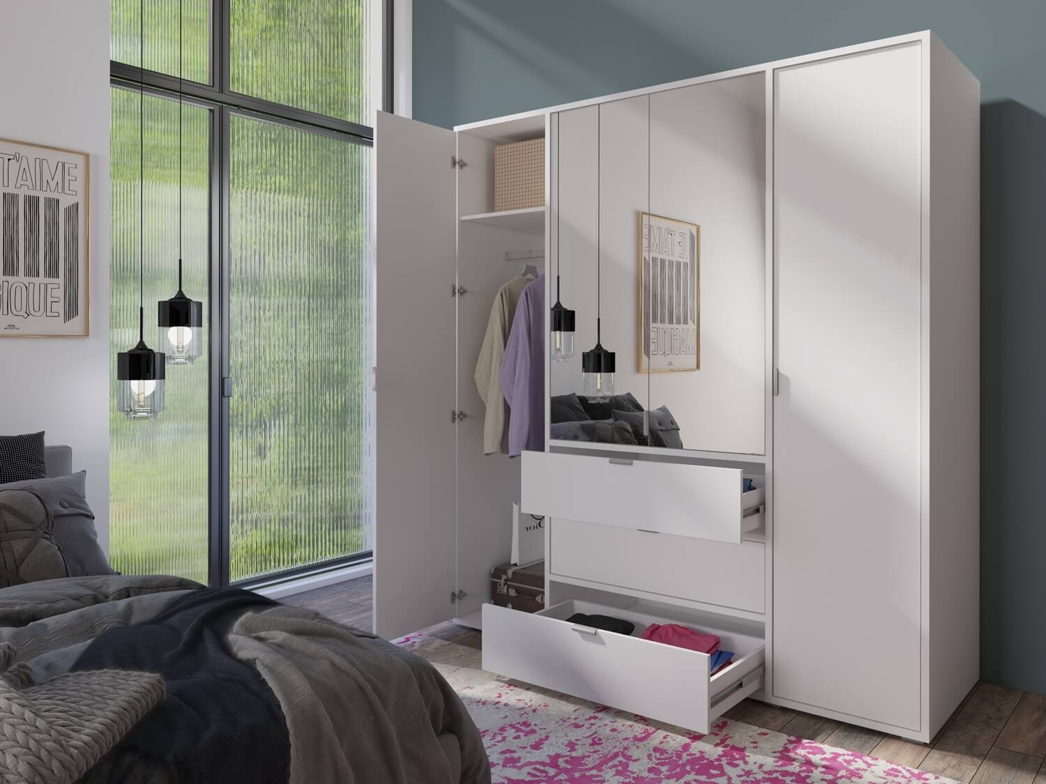 Shaker Glass 4-Door Wardrobe w/3-Drawer Storage & Mirror
