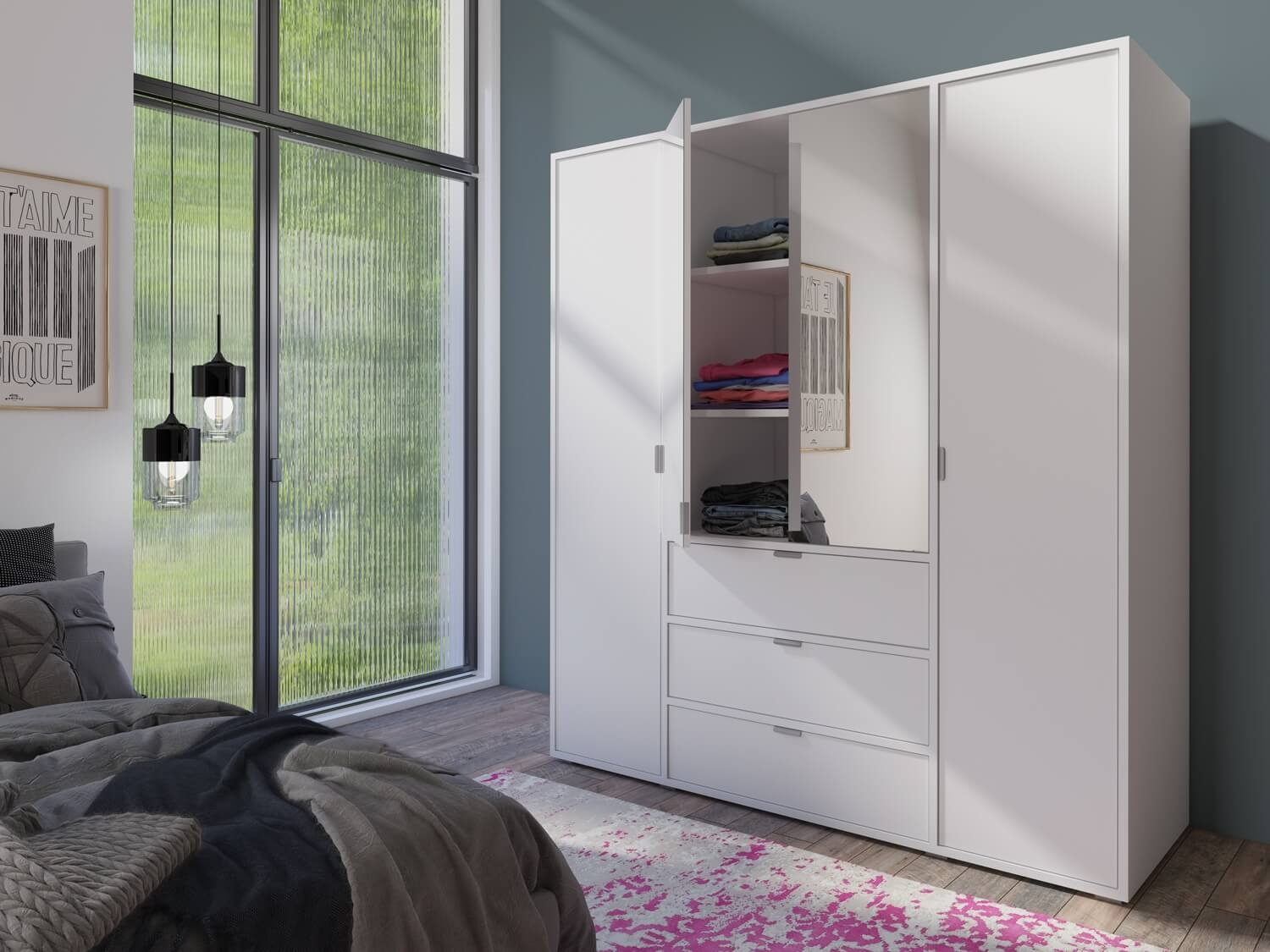 Shaker Glass 4-Door Wardrobe w/3-Drawer Storage & Mirror