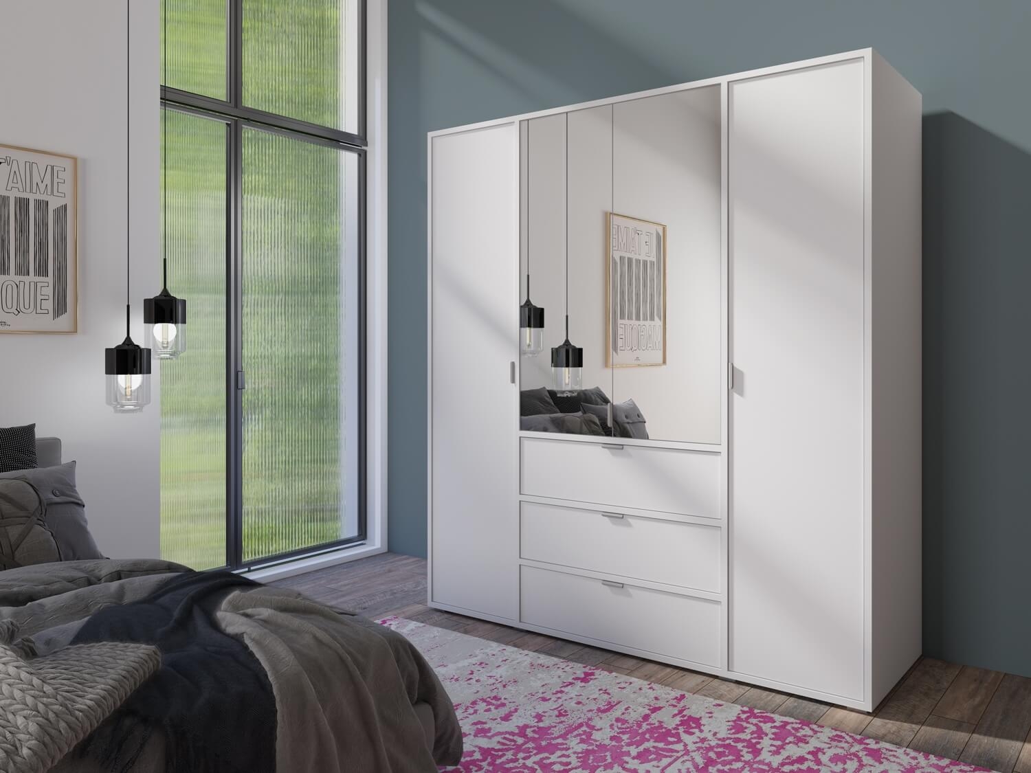 Shaker Glass 4-Door Wardrobe w/3-Drawer Storage & Mirror