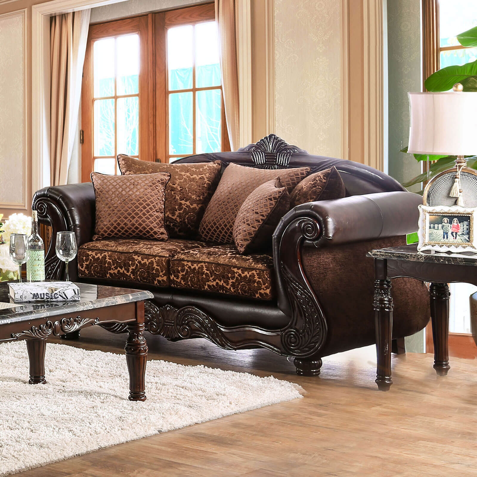 Elpis Fabric/Leatherette/Wood Living Room Set