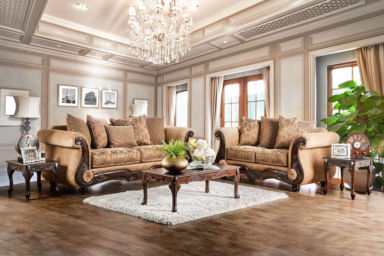 Nicanor Fabric/Wood Living Room Set, Tan/Gold by Furniture of America